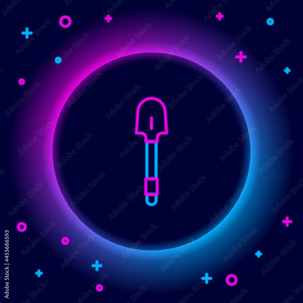 Glowing neon line Shovel icon isolated on black background. Gardening tool. Tool for horticulture, agriculture, farming. Colorful outline concept. Vector Glowing neon line Shovel icon isolated on black background. Gardening tool. Tool for horticulture, agriculture, farming. Colorful outline concept. Vector