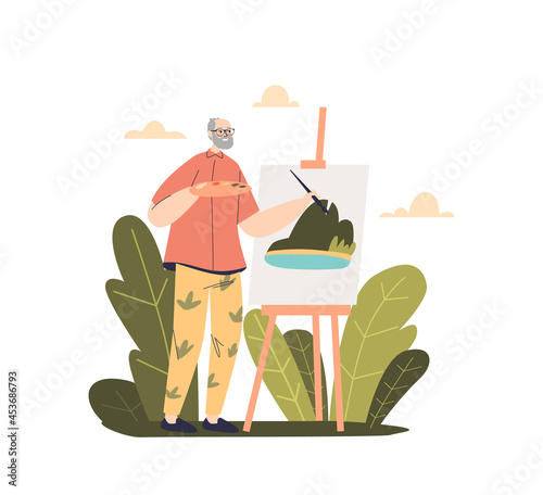 Senior man painting picture stand at easel canvas drawing. Retired people hobby and leisure concept