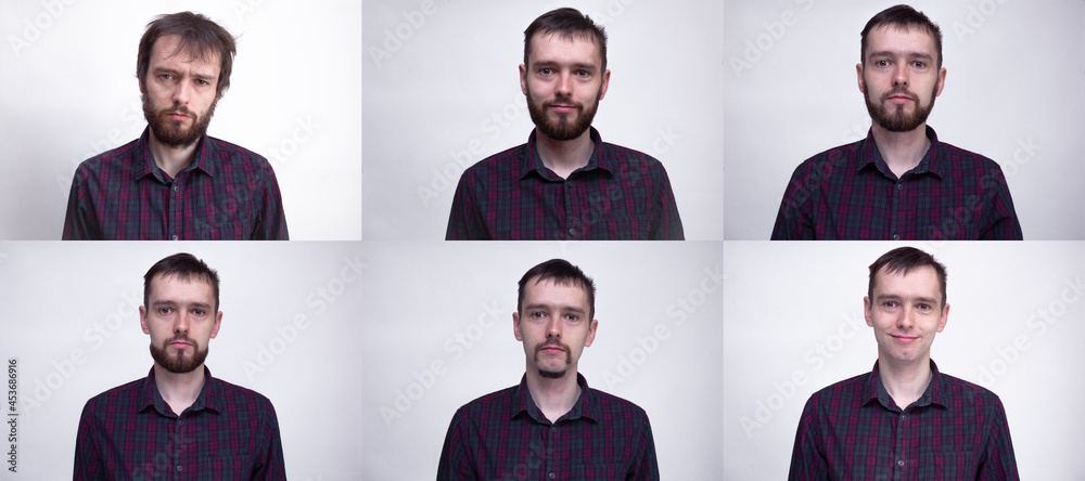 Handsome man after or before shaven. Collage of man portrait. Example of changing the face depending on the amount of hair on face Handsome man after or before shaven. Collage of man portrait. Example of changing the face depending on the amount of hair on face