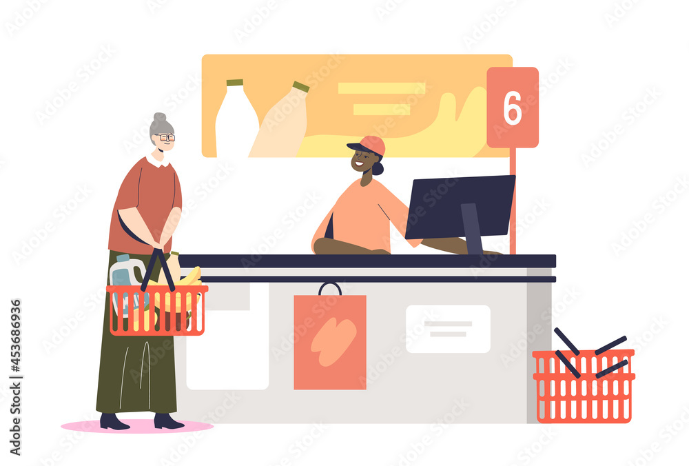 Senior woman at supermarket cashier desk paying and purchasing grocery food in retail store Senior woman at supermarket cashier desk paying and purchasing grocery food in retail store