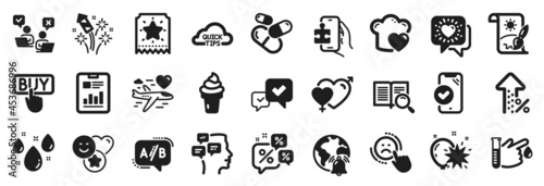 Set of Business icons, such as Fireworks rocket, Increasing percent, Approved phone icons. Smile, Discounts chat, Creative painting signs. Messages, Ab testing, Search text. Male female. Vector
