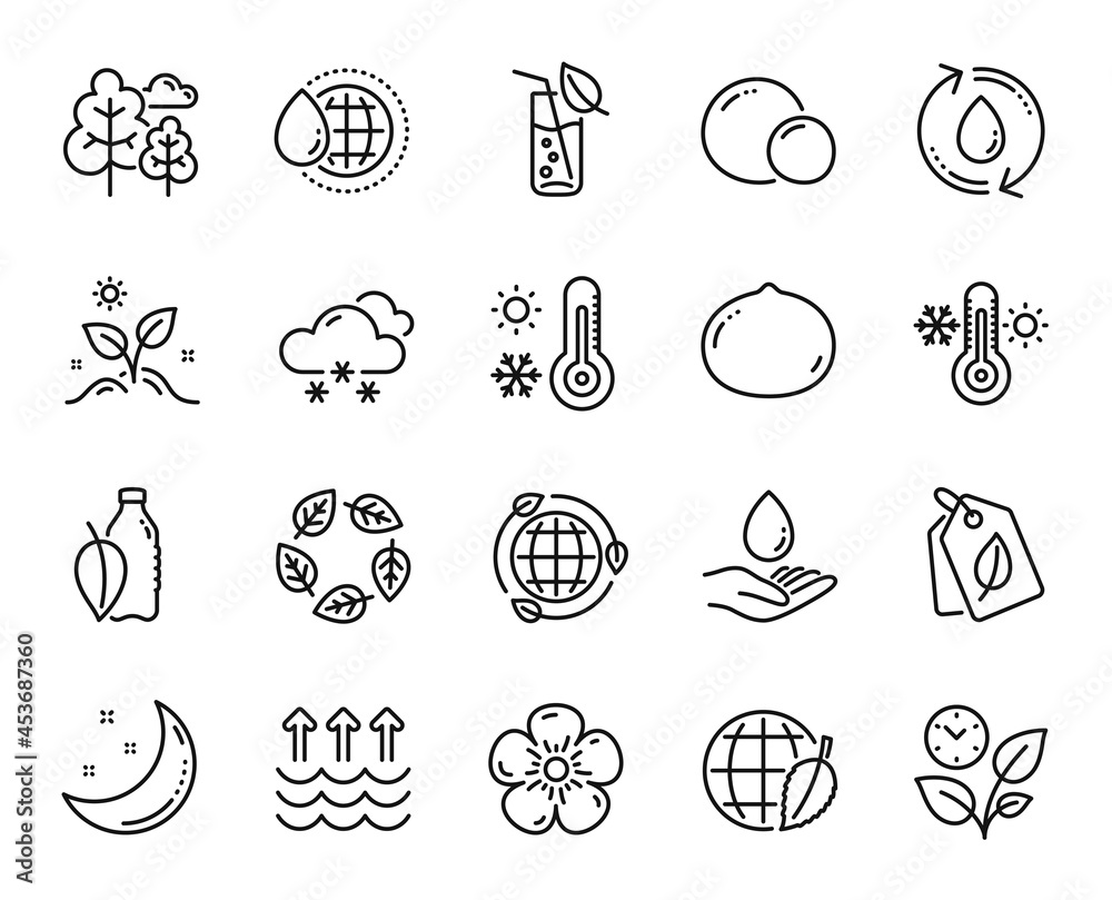 Vector set of Thermometer, Tree and Leaves line icons set. Water glass