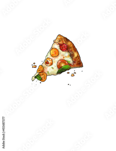 slice of pizza with vegetables isolated on white