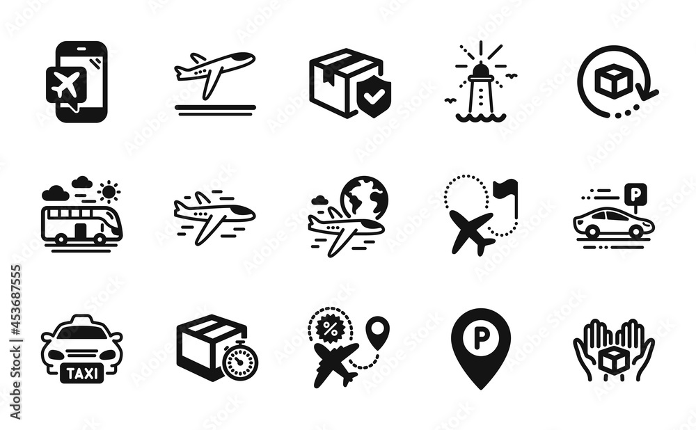 Obraz premium Vector set of International flight, Parking and Lighthouse icons simple set. Hold box, Airplane and Flight mode icons. Car parking, Departure plane and Bus travel signs. Vector