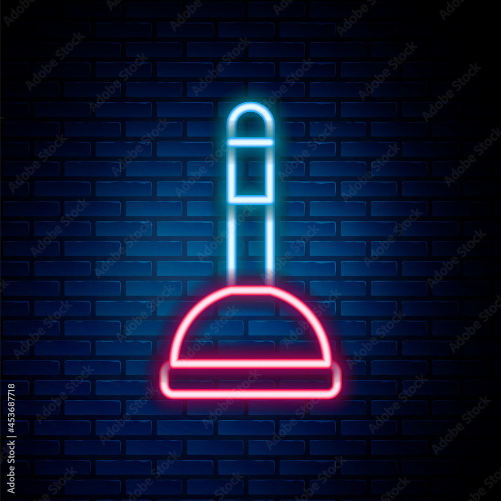 Glowing neon line Rubber plunger with wooden handle for pipe cleaning icon isolated on brick wall background. Toilet plunger. Colorful outline concept. Vector Glowing neon line Rubber plunger with wooden handle for pipe cleaning icon isolated on brick wall background. Toilet plunger. Colorful outline concept. Vector