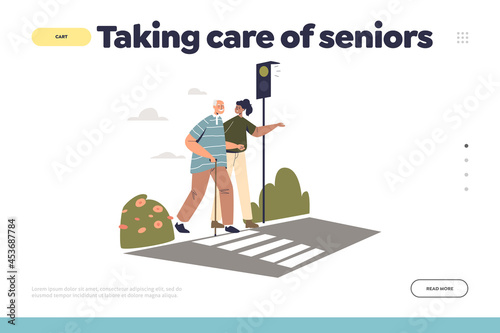 Taking care of senior concept of landing page with young woman helping elder man cross street road