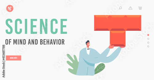 Science of Mind and Behavior Landing Page Template. Tiny Male Character Wearing Medic Robe Holding Huge Colorful Puzzle