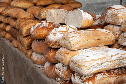 Various types of fresh bread exposed in the stall