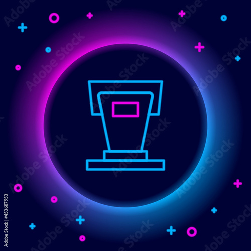 Glowing neon line Stage stand or debate podium rostrum icon isolated on black background. Conference speech tribune. Colorful outline concept. Vector