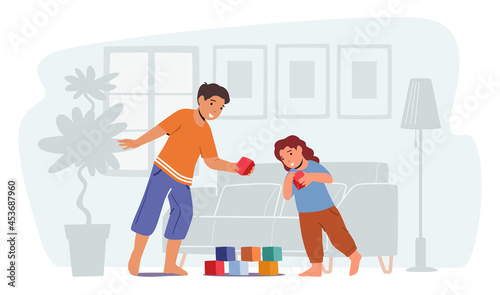 Kids Playing Spare Time. Little Boy and Girl Play with Toys Building Tower of Cubes on Floor. Cute Children Leisure