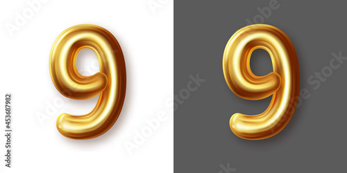 Metallic gold numeral symbol - 9. Creative vector illustration