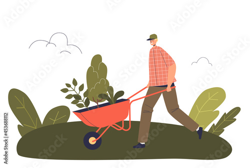 Man volunteer gardening carry plants and trees to grow in garden or forest. Male farmer cultivating