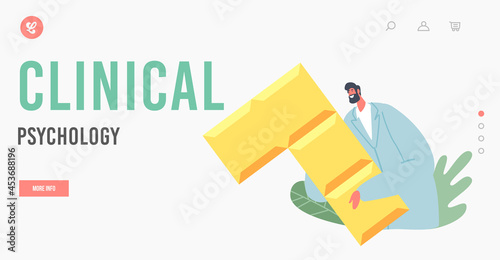 Clinical Psychology Landing Page Template. Tiny Male Character Wearing Medic Robe Holding Huge Colorful Puzzle Piece