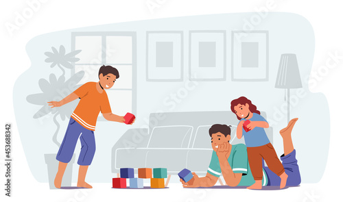 Loving Parent Playing with Kids. Man and Small Boy and Girl Gaming Fun. Happy Family Having Weekend Leisure Time