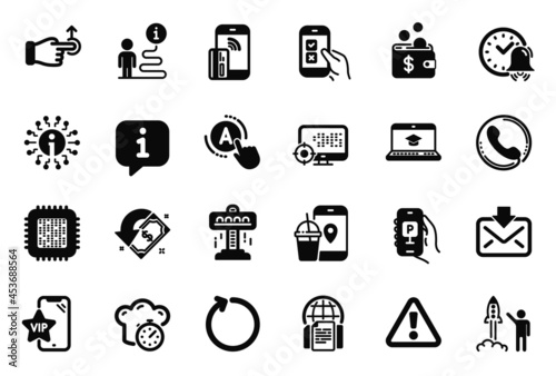 Vector Set of Technology icons related to Loop, Warning and Parking app icons. Vip phone, Contactless payment and Website education signs. Ab testing, Drag drop and Food app. Info, Seo. Vector