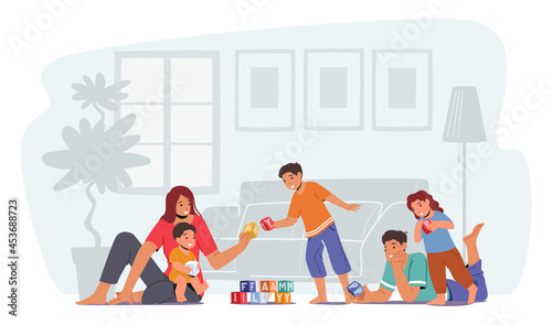 Happy Family Spare Time, Parents with Kids Leisure Time. Father and Mother Playing Toys with Children Sitting on Floor