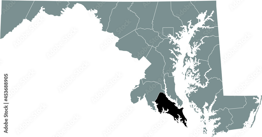 Obraz premium Black highlighted location map of the St. Mary's County inside gray map of the Federal State of Maryland, USA