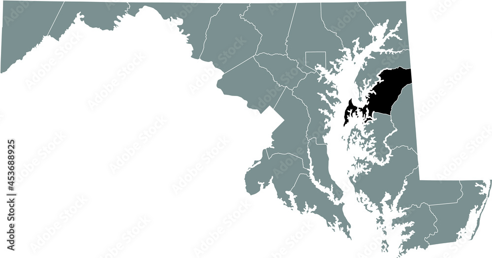 Black highlighted location map of the Queen Anne's County inside gray map of the Federal State of Maryland, USA