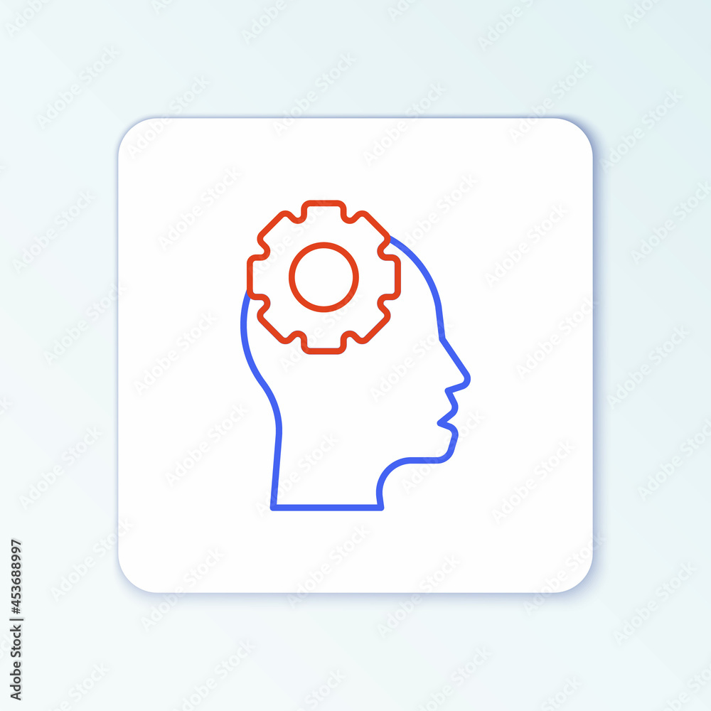 Line Human head with gear inside icon isolated on white background. Artificial intelligence. Thinking brain. Symbol work of brain. Colorful outline concept. Vector Line Human head with gear inside icon isolated on white background. Artificial intelligence. Thinking brain. Symbol work of brain. Colorful outline concept. Vector