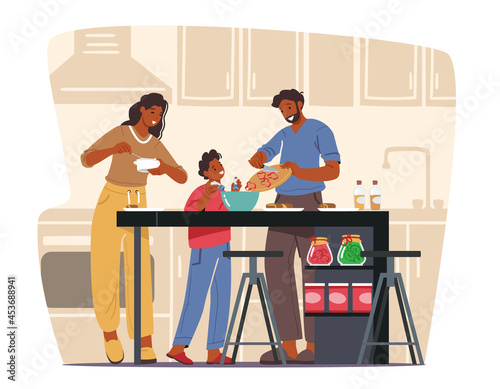 Happy Family Cooking at Home, Mother, Father and Little Son on Kitchen Using Different Tools for Food Preparing