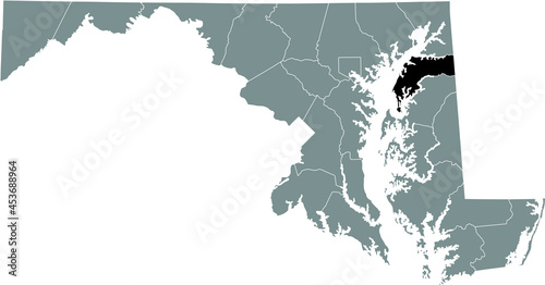 Black highlighted location map of the Kent County inside gray map of the Federal State of Maryland, USA