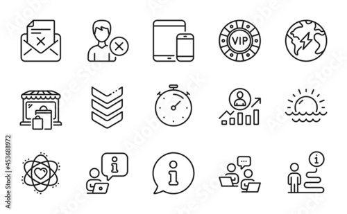 Business icons set. Included icon as Vip chip, Remove account, Sunset signs. Electricity, Timer, Shoulder strap symbols. Career ladder, Teamwork, Reject letter. Atom, Market line icons. Vector
