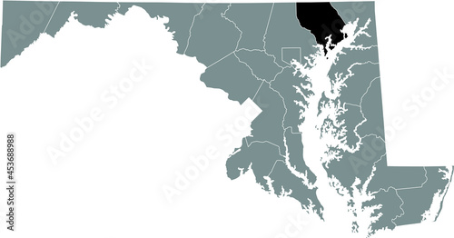 Black highlighted location map of the Harford County inside gray map of the Federal State of Maryland, USA photo