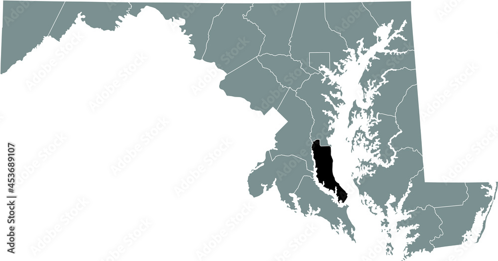 Black highlighted location map of the Calvert County inside gray map of the Federal State of Maryland, USA