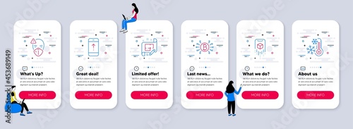 Set of Science icons, such as Medical mask, Augmented reality, Architect plan icons. UI phone app screens with teamwork. Swipe up, Bitcoin system, Freezing line symbols. Vector