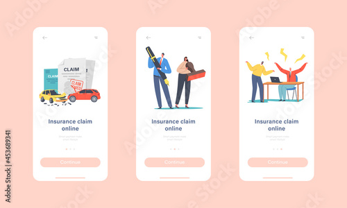 Claim Insurance Mobile App Page Onboard Screen Template. Tiny Characters Characters with Huge Stamp and Pen, Dispute