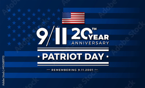 911 USA September 11, 2001. Vector conceptual illustration for Patriot Day USA 20 Years for poster or banner. USA flag background, red, blue