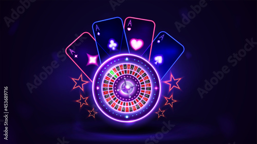 Pink shine neon Casino Roulette wheel with playing cards in dark empty scene