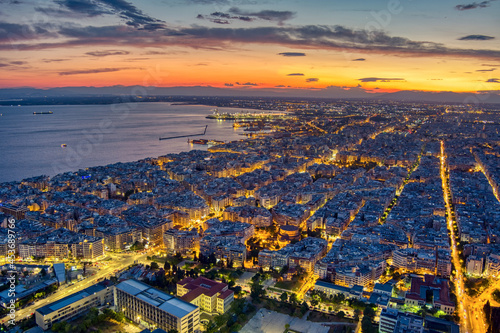 Aerial view of the city of Thessaloniki at sunset