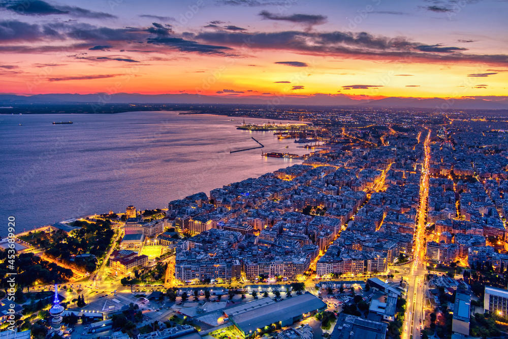 Aerial view of the city of Thessaloniki at sunset