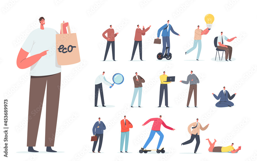 Set of Male Characters Shopping with Eco Bag, Riding Electric Transport, Lightbulb Idea, Meditate in Office, Magnifier