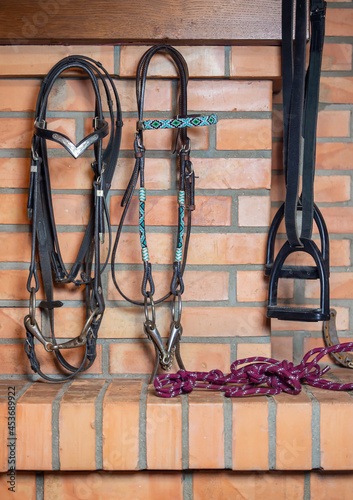 Horse riding equipment background. Horse riding hobby. . Halter, ropes, bit, bridle, stirrups hang on the brick wall of the stable.