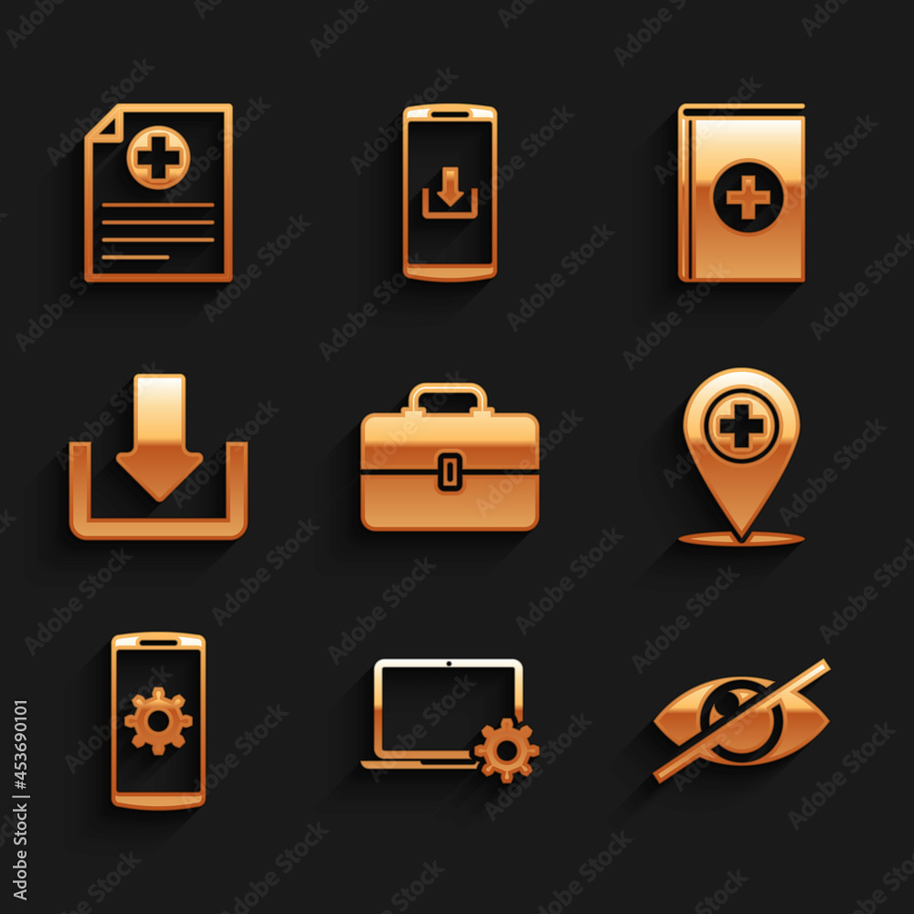 Set Toolbox, Laptop and gear, Invisible or hide, Medical location with cross, Setting smartphone and Download icon. Vector Set Toolbox, Laptop and gear, Invisible or hide, Medical location with cross, Setting smartphone and Download icon. Vector