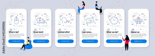 Science icons set. UI phone app screens with teamwork. Included icon as Breathing exercise, Swipe up, Time signs. Ambulance car, Target path, Sharing economy line icons. Vector