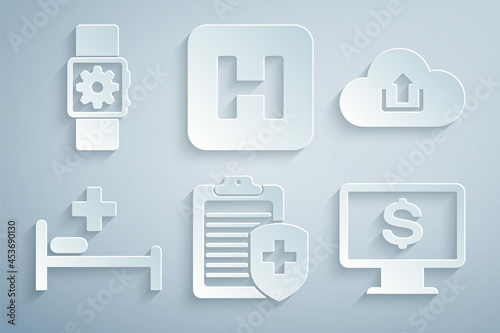 Set Clipboard with medical insurance, Cloud upload, Hospital bed, Monitor dollar, and Smartwatch setting icon. Vector