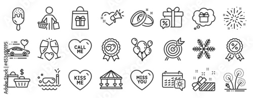Set of Holidays icons, such as Fireworks, Ice cream, Sale gift icons. Call me, Wedding glasses, Travel calendar signs. Buyer, Carousels, Sale bags. Fireworks explosion, Wedding rings. Vector