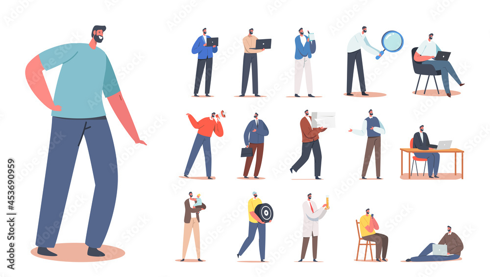 Set of Male Characters Worker in Helmet, Clerk with Paper Documents, Dad with Child, Promoter with Loudspeaker, Collar