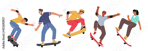 Set of Boys and Girls Skateboarding Activity. Young People Skating Longboard, Jump and Making Stunts and Tricks