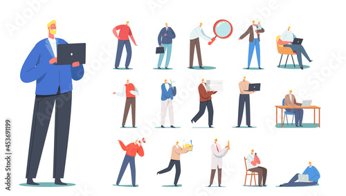 Set of Male Characters Businessman with Bag, Scientist in Lab Coat with Flask, Father with Daughter on Hands, Freelancer
