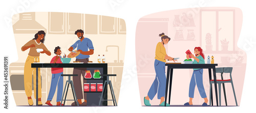 Happy People Cooking at Home. Men, Women and Kids on Kitchen Using Different Appliances for Food Preparing, Family Time