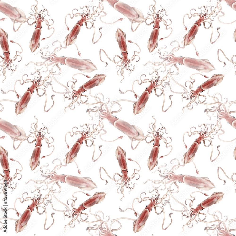 Watercolor squid seamless pattern, hand painted illustration background