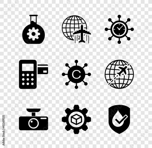 Set Bioengineering, Globe with flying plane, Clock and gear, Car DVR, Product development and Waterproof icon. Vector