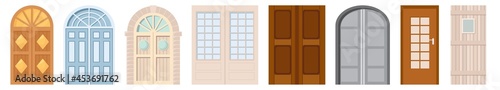 Metal and Wooden Front Doors and Gates. Isolated Cottage Entries Cartoon Vector Design Wood or Stone Arched Doorjambs