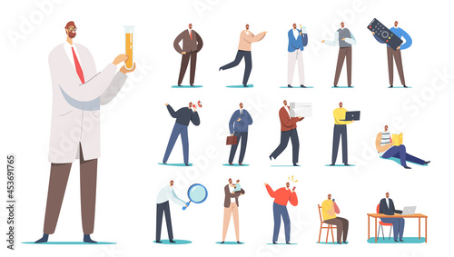 Set Male Characters with TV Remote Control, Reading Book, Scientific Research in Laboratory, Yell to Megaphone, Gadgets