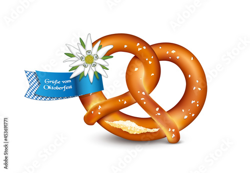 Brezel mit Edelweiss und blaue Bayrische Schleife mit Oktoberfest Grüße
Vektor Illustration isoliert auf weißem Hintergrund
