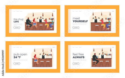 Bar Recreation, Nightlife Landing Page Template Set. People Visit Pub, Couple Sit at High Chairs Drink Alcohol on Desk